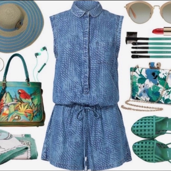 Tart Button-up Chambray Printed Denim Romper With Drawstring Waist Size L - Picture 13 of 15